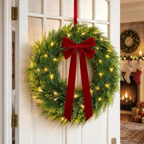 Christmas Decorations, 22 Inch Pre-Lit Christmas Wreath with Red Velvet Bow, alternate view 4