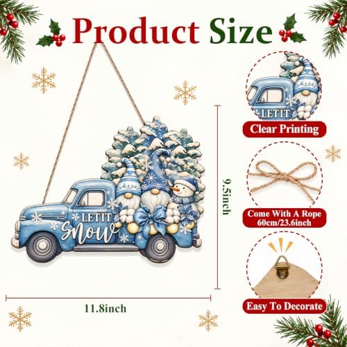 Christmas Decorations Blue Truck Winter Gnomes Hanging Wooden Sign, alternate view 3