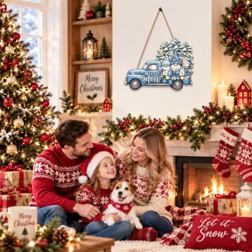 Christmas Decorations Blue Truck Winter Gnomes Hanging Wooden Sign, alternate view 5