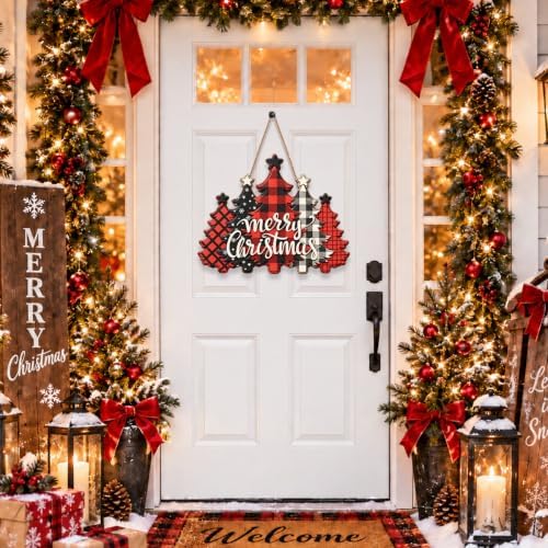 Christmas Decorations Buffalo Plaid Christmas Tree Hanging Wooden Sign, alternate view 2