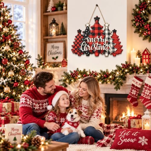 Christmas Decorations Buffalo Plaid Christmas Tree Hanging Wooden Sign, alternate view 5