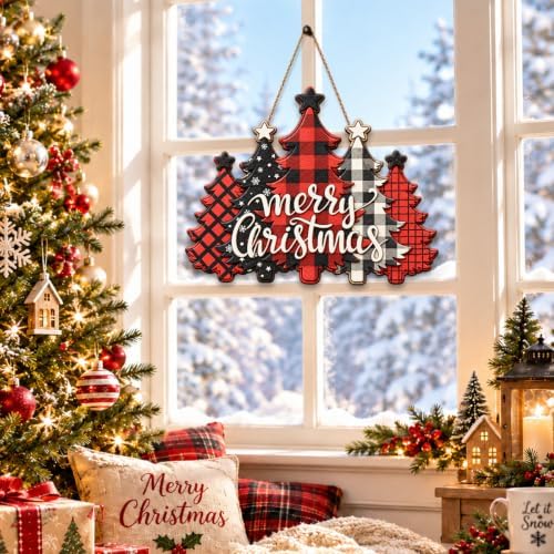Christmas Decorations Buffalo Plaid Christmas Tree Hanging Wooden Sign, alternate view 6