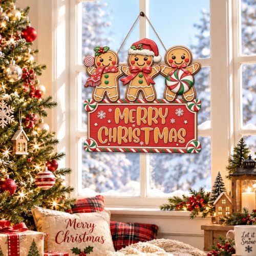 Christmas Decorations Gingerbread Trio Merry Christmas Hanging Wooden Sign, alternate view 6