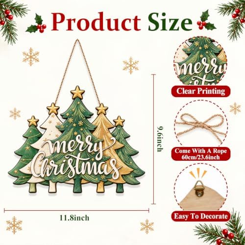 Christmas Decorations Green Gold Christmas Tree Merry Christmas Wood Sign, alternate view 3