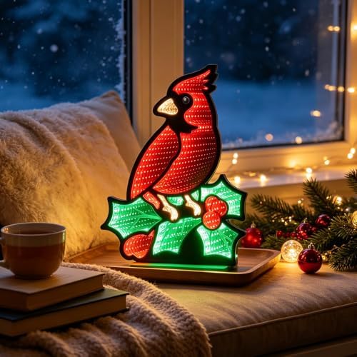 Christmas Decorations Indoor, Red Cardinal Infinity Mirror Tunnel Light, 3D Endless Extension LED Night Lamp, alternate view