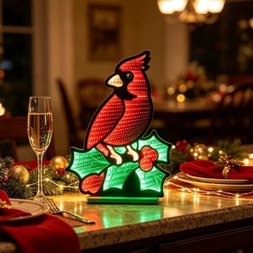 Christmas Decorations Indoor, Red Cardinal Infinity Mirror Tunnel Light, 3D Endless Extension LED Night Lamp, alternate view