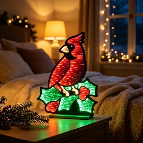 Christmas Decorations Indoor, Red Cardinal Infinity Mirror Tunnel Light, 3D Endless Extension LED Night Lamp, alternate view