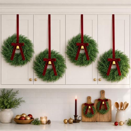 Christmas Decorations, Mini Christmas Wreaths for Cabinets with Bows Bells, alternate view 5