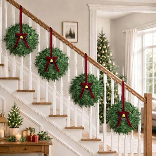 Christmas Decorations, Mini Christmas Wreaths for Cabinets with Bows Bells, alternate view 6
