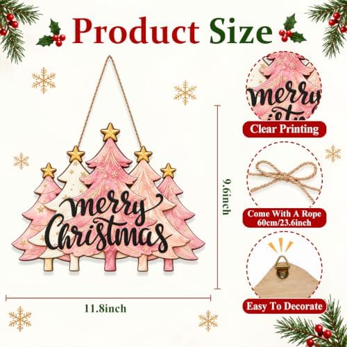 Christmas Decorations Pink Pine Tree Merry Christmas Hanging Wooden Sign, alternate view 3