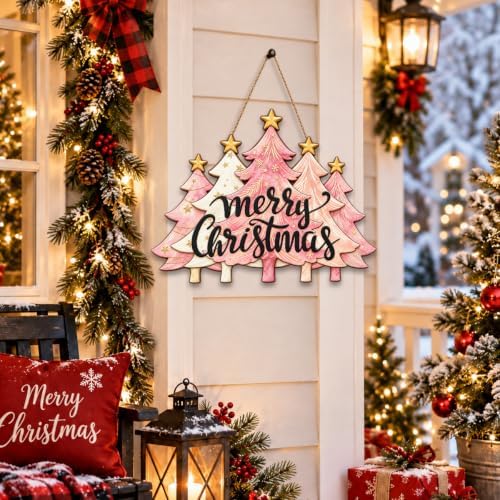 Christmas Decorations Pink Pine Tree Merry Christmas Hanging Wooden Sign, alternate view 4