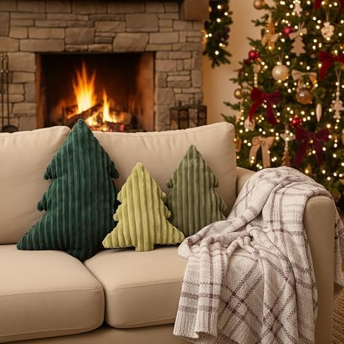 Christmas Decorations Plush Throw Pillows: Soft Green Velvet Christmas Tree Shaped Pillow, Cute Rustic Stuffed, alternate
