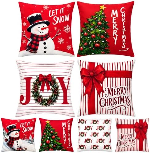 Christmas Decorations - Set of 4 Double-Sided Print Christmas Pillow Covers in Red Green