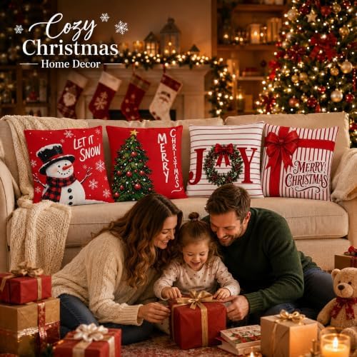 Christmas Decorations - Set of 4 Double-Sided Print Christmas Pillow Covers in Red Green, alternate view 2
