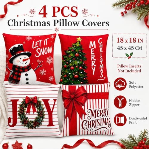 Christmas Decorations - Set of 4 Double-Sided Print Christmas Pillow Covers in Red Green, alternate view 3