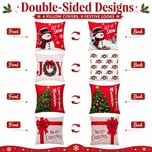 Christmas Decorations - Set of 4 Double-Sided Print Christmas Pillow Covers in Red Green, alternate view 4