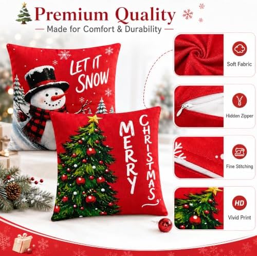 Christmas Decorations - Set of 4 Double-Sided Print Christmas Pillow Covers in Red Green, alternate view 5