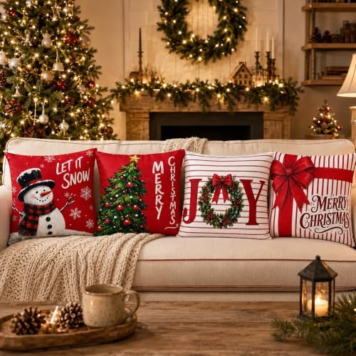 Christmas Decorations - Set of 4 Double-Sided Print Christmas Pillow Covers in Red Green, alternate view 6