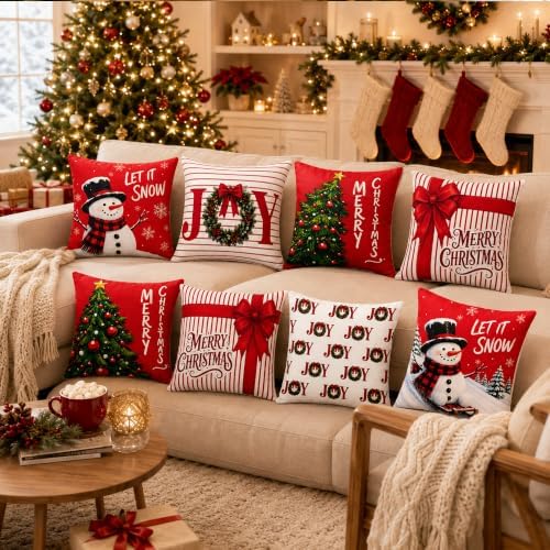 Christmas Decorations - Set of 4 Double-Sided Print Christmas Pillow Covers in Red Green, alternate view 7
