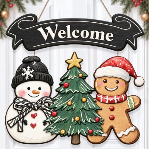 Christmas Decorations Snowman Gingerbread Christmas Tree Welcome Wood Sign