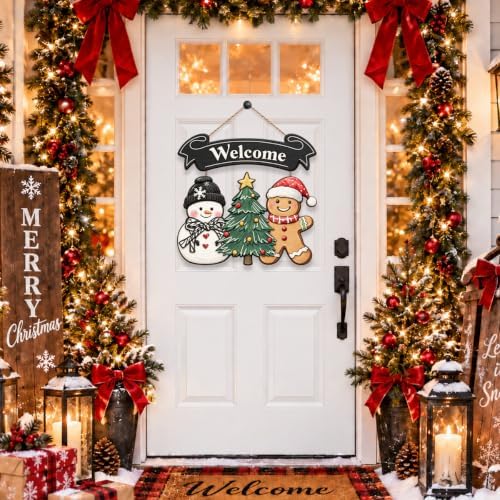 Christmas Decorations Snowman Gingerbread Christmas Tree Welcome Wood Sign, alternate view 2