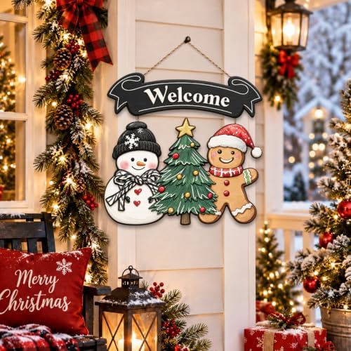 Christmas Decorations Snowman Gingerbread Christmas Tree Welcome Wood Sign, alternate view 4