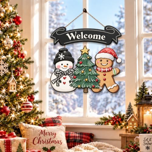 Christmas Decorations Snowman Gingerbread Christmas Tree Welcome Wood Sign, alternate view 6