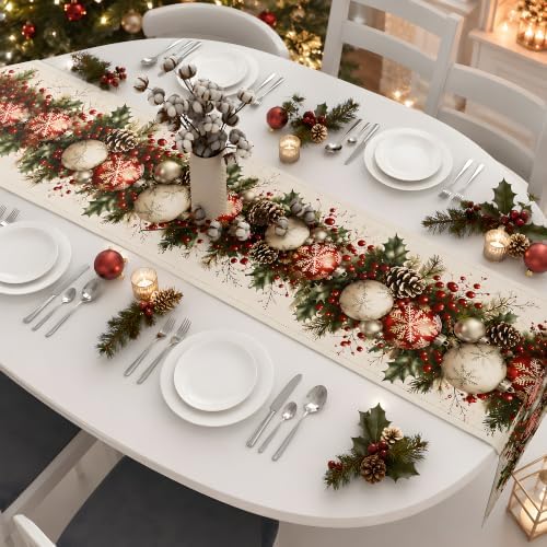 Christmas Decorations - Xmas Balls Snowflake Pine Cone Table Runner, alternate view 2