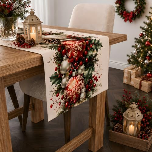 Christmas Decorations - Xmas Balls Snowflake Pine Cone Table Runner, alternate view 5