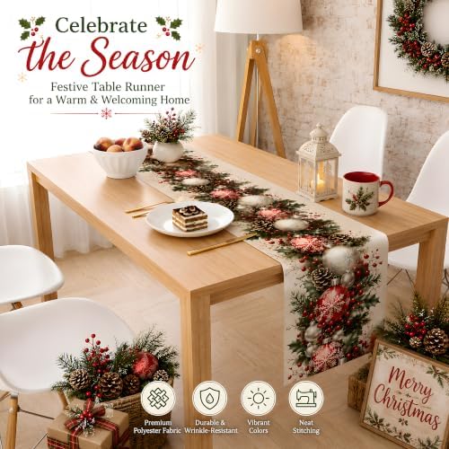 Christmas Decorations - Xmas Balls Snowflake Pine Cone Table Runner, alternate view 6