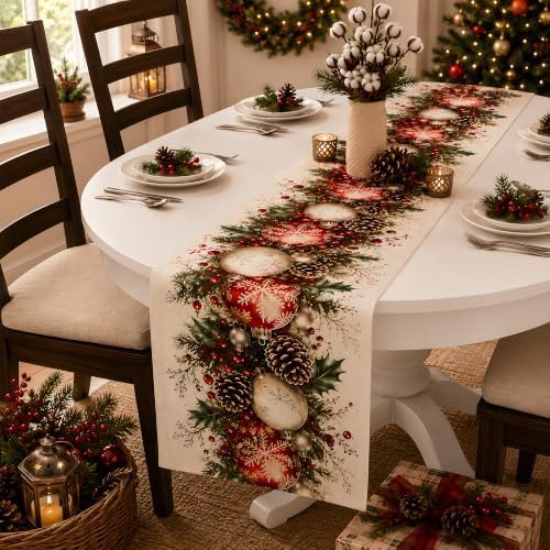 Christmas Decorations - Xmas Balls Snowflake Pine Cone Table Runner, alternate view 7