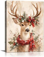 Christmas Deer Canvas Wall Art, Reindeer with Red Scarf Canvas Prints