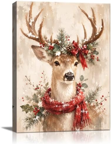Christmas Deer Canvas Wall Art, Reindeer with Red Scarf Canvas Prints