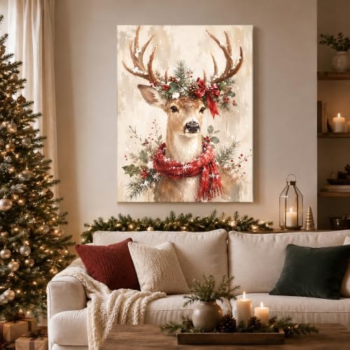 Christmas Deer Canvas Wall Art, Reindeer with Red Scarf Canvas Prints, alternate view 2