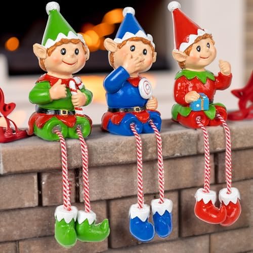 Christmas Elf Figurines Decoration, Set of 3 Resin Elf Sitters with Dangling Legs, Xmas Table Fireplace Shelf, alternate view