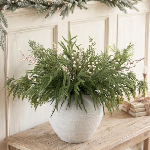 Christmas Faux Arrangement for Centerpieces - Pine Branches & White Berries in Pine & Berry