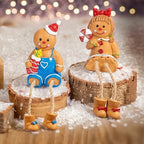 Christmas Figurines, Set of 2 Resin Gingerbread Man Sitters with Dangling Legs, Xmas Table Fireplace Shelf