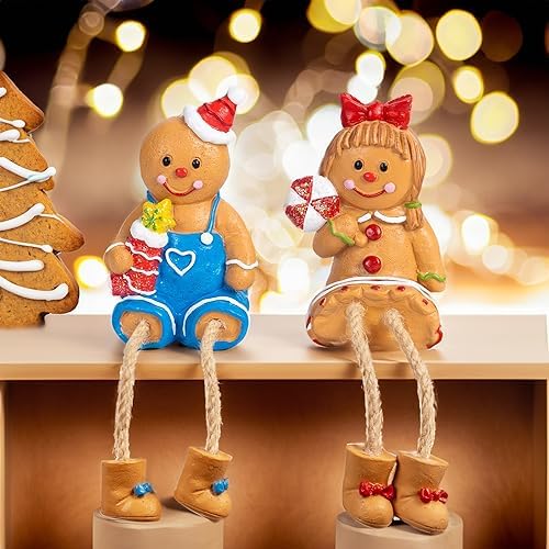 Christmas Figurines, Set of 2 Resin Gingerbread Man Sitters with Dangling Legs, Xmas Table Fireplace Shelf, alternate view 2