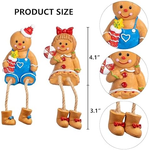 Christmas Figurines, Set of 2 Resin Gingerbread Man Sitters with Dangling Legs, Xmas Table Fireplace Shelf, alternate view 3