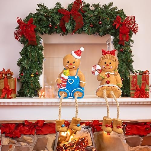 Christmas Figurines, Set of 2 Resin Gingerbread Man Sitters with Dangling Legs, Xmas Table Fireplace Shelf, alternate view 4