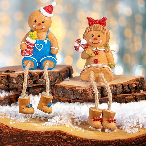 Christmas Figurines, Set of 2 Resin Gingerbread Man Sitters with Dangling Legs, Xmas Table Fireplace Shelf, alternate view 5