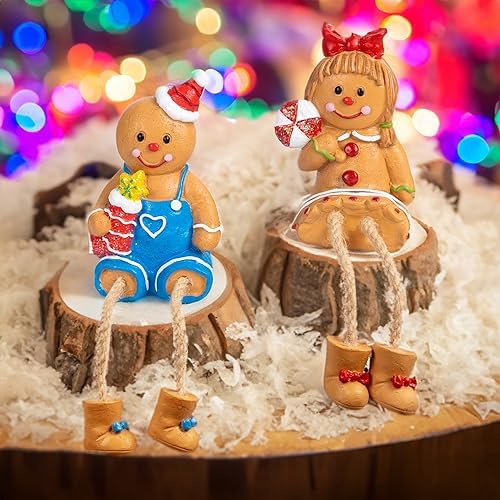 Christmas Figurines, Set of 2 Resin Gingerbread Man Sitters with Dangling Legs, Xmas Table Fireplace Shelf, alternate view 6