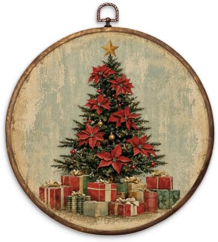 Christmas Flower Tree Round Framed Wall Art 10"x10"