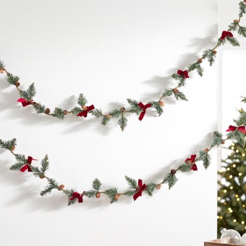 Christmas Garland 2 Pack, 6.56 Ft Each Slim Pine Garland with Pinecones and Red Velvet Bows, Flexible Wire