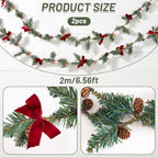 Christmas Garland 2 Pack, 6.56 Ft Each Slim Pine Garland with Pinecones and Red Velvet Bows, Flexible Wire, alternate view 2