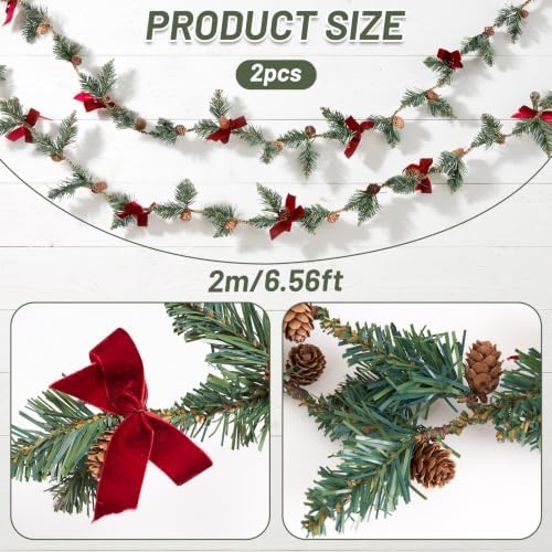 Christmas Garland 2 Pack, 6.56 Ft Each Slim Pine Garland with Pinecones and Red Velvet Bows, Flexible Wire, alternate view 2