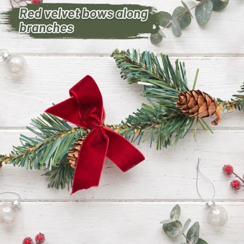 Christmas Garland 2 Pack, 6.56 Ft Each Slim Pine Garland with Pinecones and Red Velvet Bows, Flexible Wire, alternate view 3