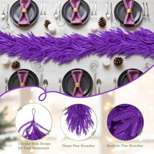 Christmas Garland Norfolk Pine Garland Real Touch Artificial Christmas Purple Xmas Garland for Mantle, Table, alternate view