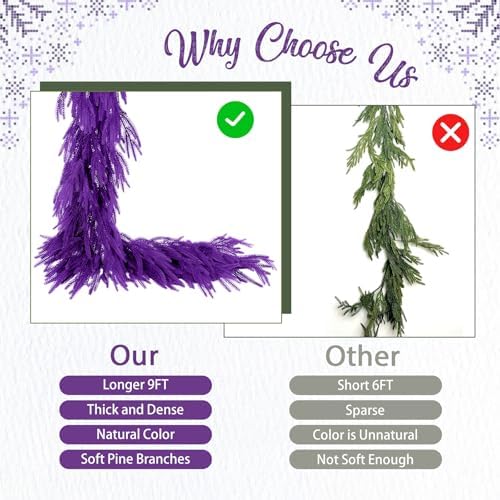 Christmas Garland Norfolk Pine Garland Real Touch Artificial Christmas Purple Xmas Garland for Mantle, Table, alternate view
