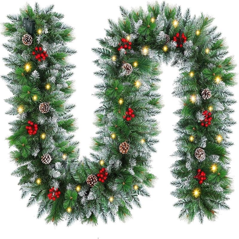 Christmas Garlands,2.7M/ 9FT Christmas Garland, Christmas Garland with Lights, and Berries, for Fireplaces